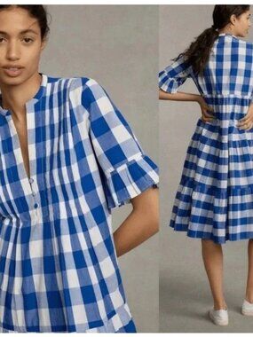 Anthropologie Whit Two Blue Gingham Midi Dress Cottagecore Women's S